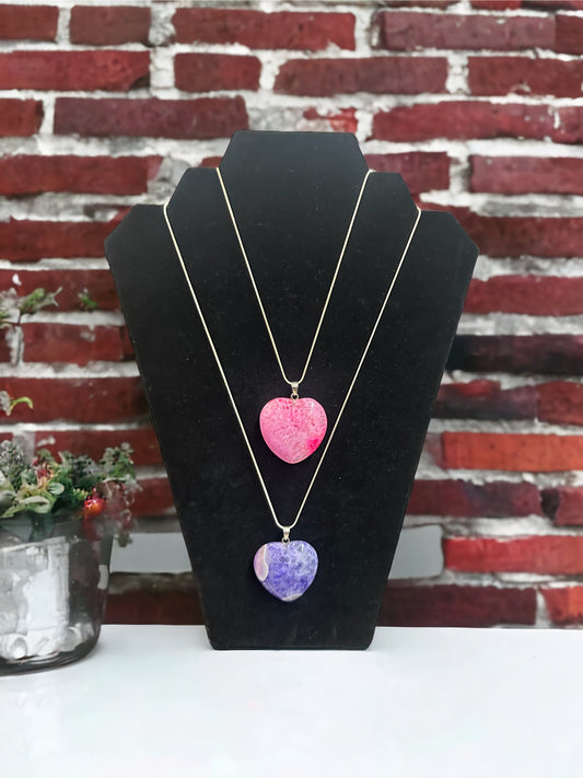 pink and purple agate heart pendants